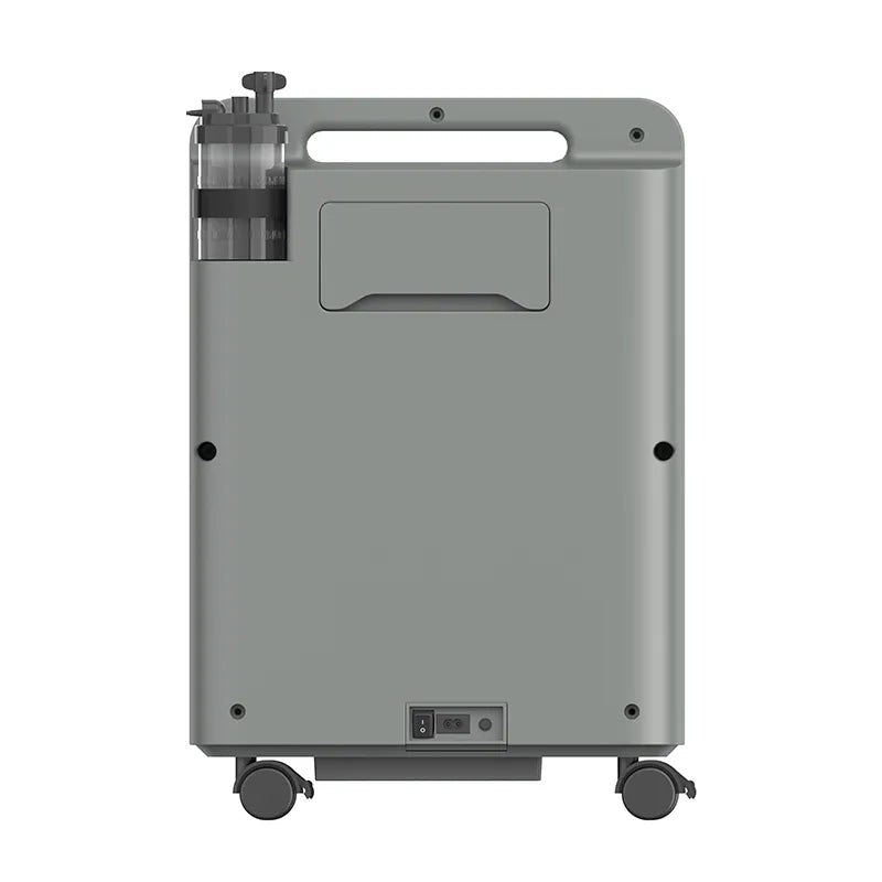 The Kingon P2 O5E Stationary 5 Litre Oxygen Concentrator back view with humidifier bottle. Shop now at Kingon.