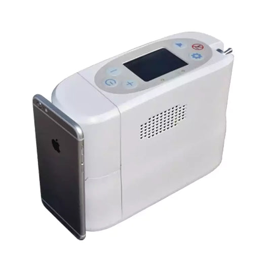 The small Kingon P2 Portable Oxygen Concentrator next to an iPhone 6 used as a size comparison.