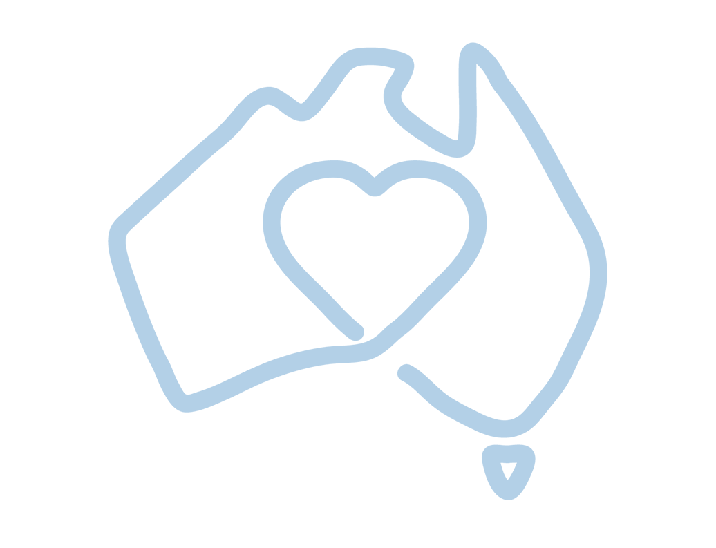 An outline of Australia with a heart in the middle.