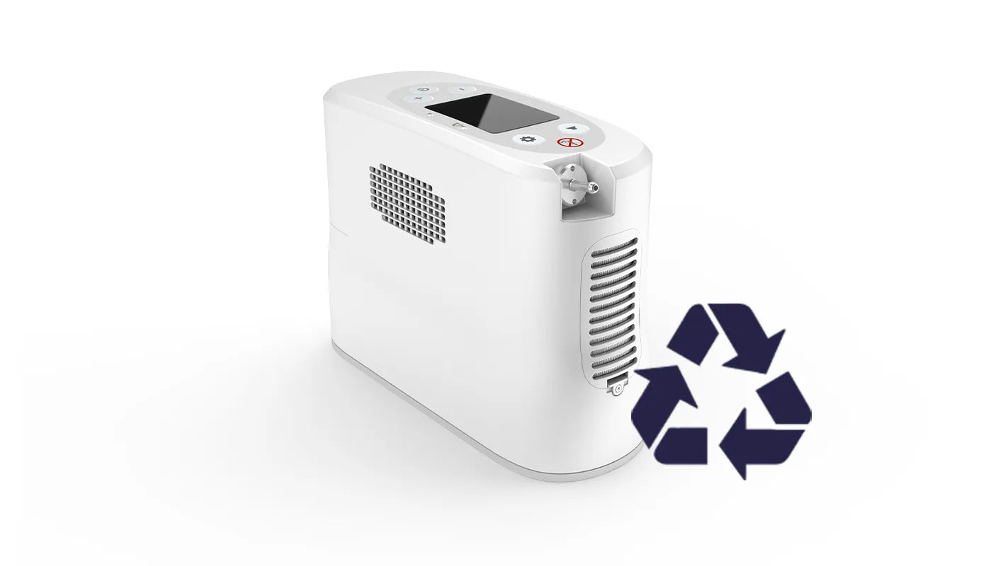Kingon P2 portable oxygen concentrator with a recycle symbol. Shop now at Kingon.