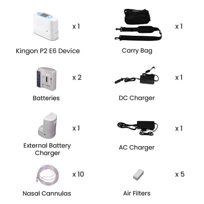 Kingon P2 E6 portable oxygen concentrator ultimate package labelled. Shop now at Zone Medical.