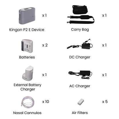 Kingon P2 E portable oxygen concentrator ultimate package labelled. Shop now at Zone Medical.