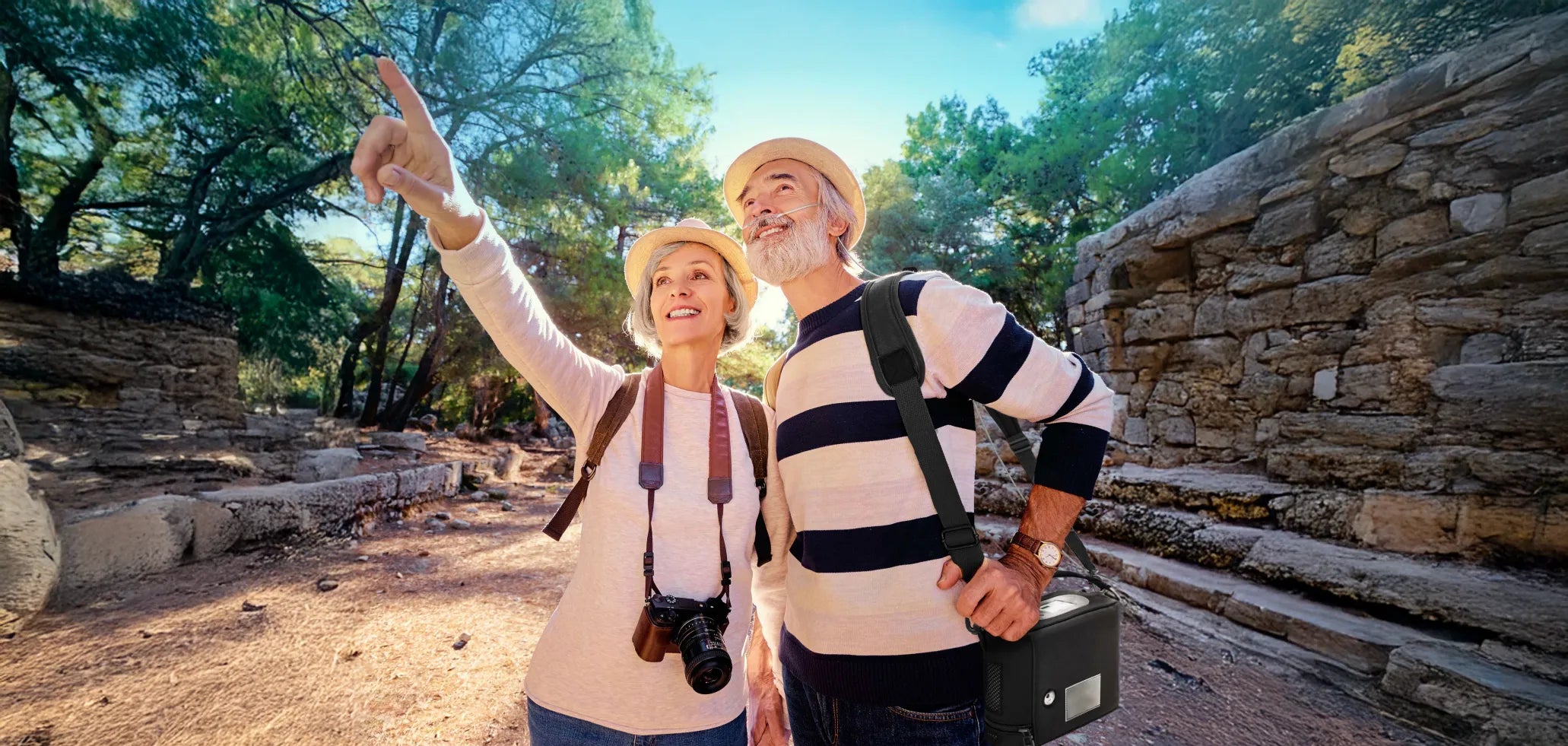 Happy couple sightseeing with the Kingon P2 in the shoulder carry bag. Shop now at Kingon Pacific.
