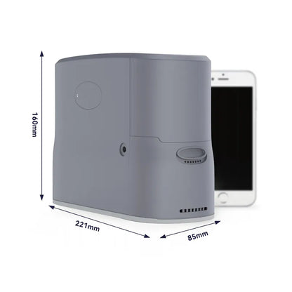 Kingon P2-E portable oxygen concentrator next to a phone for small size comparison with measurements. Shop now at Kingon Australia.