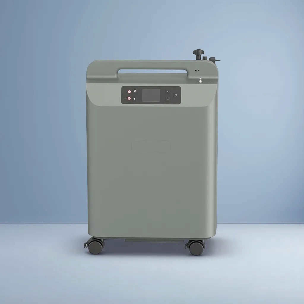 Kingon P2-O5E stationary oxygen concentrator on a blue background. Shop now at Kingon Australia.