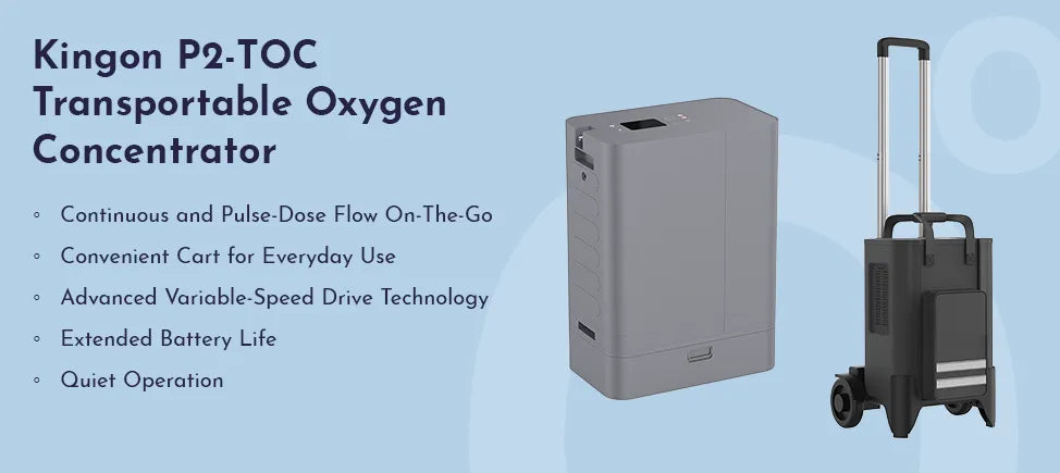 Kingon P2-TOC Transportable Oxygen Concentrator with cart on a light blue background.