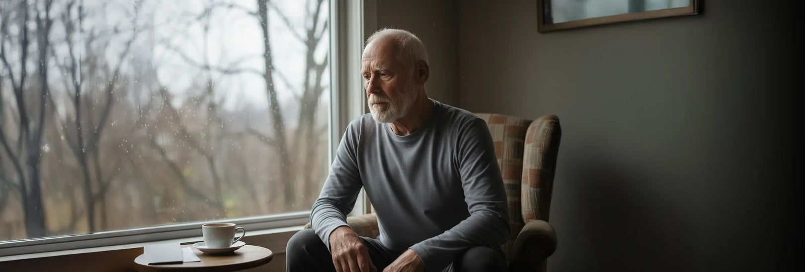 Man sitting in a chair by a rainy window with a cup of coffee, looking sad. He doesn't have a Kingon portable oxygen concentrator.