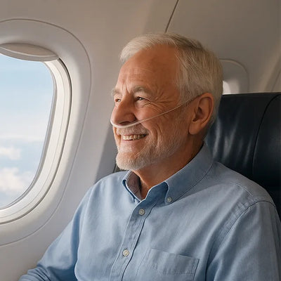 Man smiling on plane with nasal cannula.