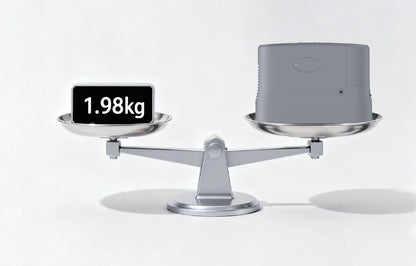 Scale with a Kingon P2-E device on one side and a digital display showing '1.98kg' on the other, showing lightweight POC.