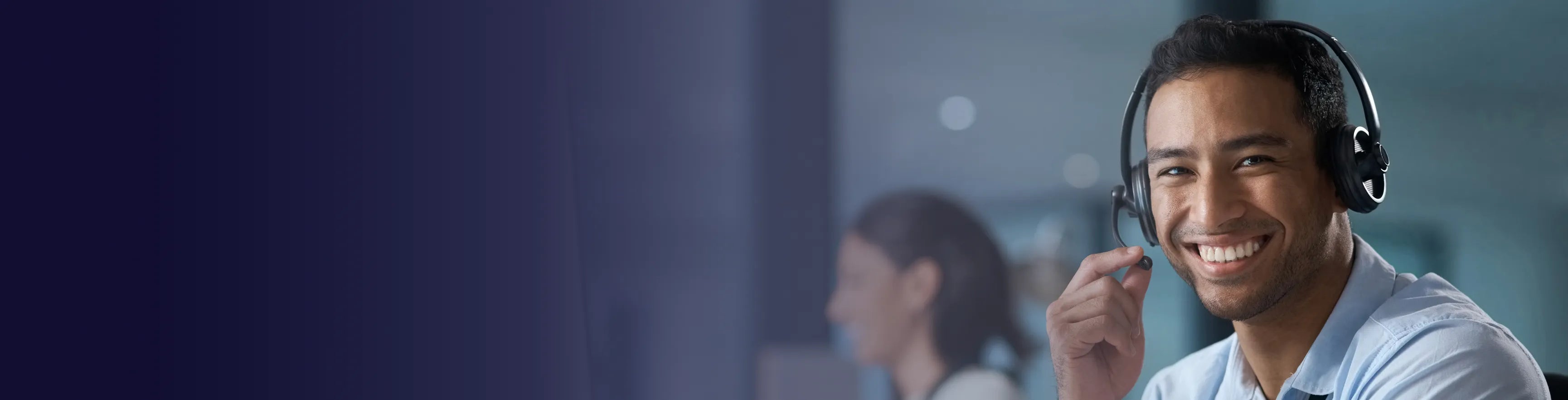 Service agent with headset smiling with a blue banner gradient overlay.