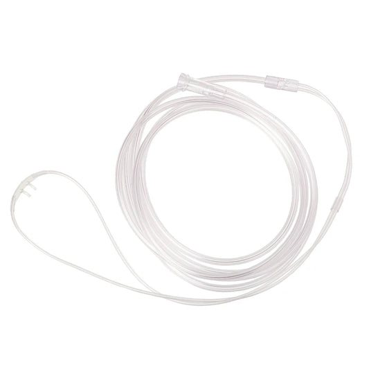 Nasal cannula coiled up on a white background. 